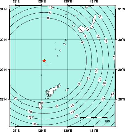 緊急地震速報第1報提供から主要動到達までの時間及び推計震度分布図