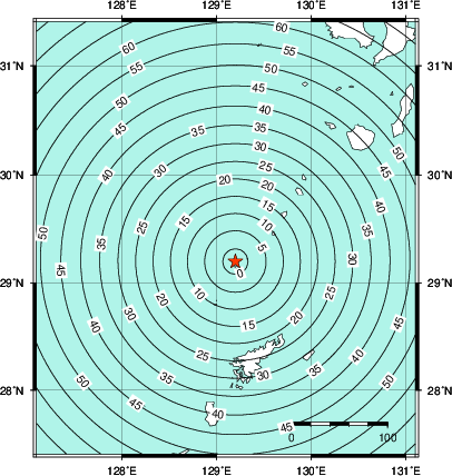 緊急地震速報第1報提供から主要動到達までの時間及び推計震度分布図