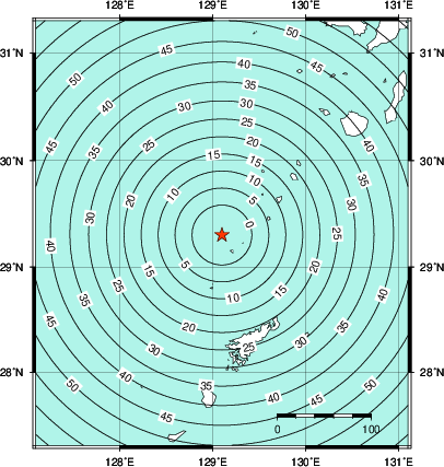 緊急地震速報第1報提供から主要動到達までの時間及び推計震度分布図