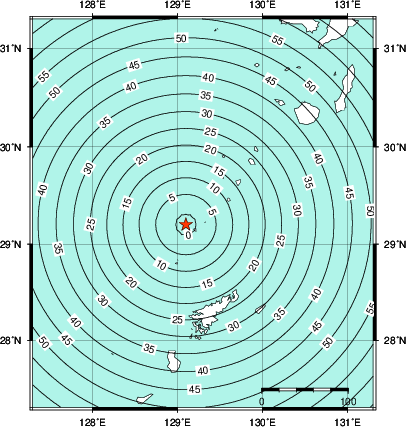 緊急地震速報第1報提供から主要動到達までの時間及び推計震度分布図