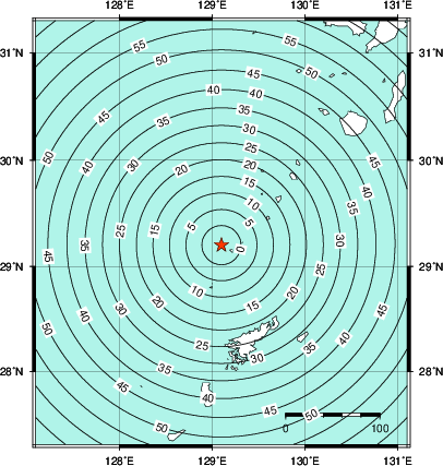 緊急地震速報第1報提供から主要動到達までの時間及び推計震度分布図