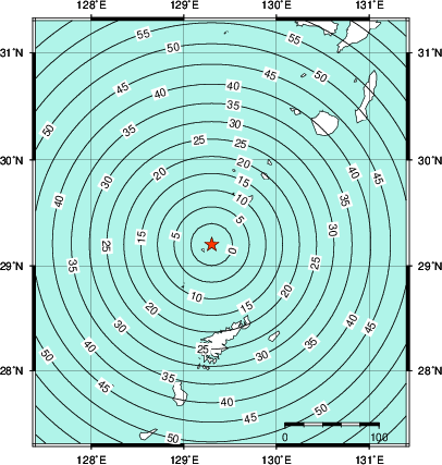 緊急地震速報第1報提供から主要動到達までの時間及び推計震度分布図