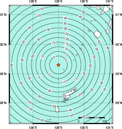 緊急地震速報第1報提供から主要動到達までの時間及び推計震度分布図