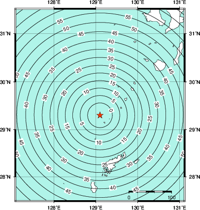 緊急地震速報第1報提供から主要動到達までの時間及び推計震度分布図