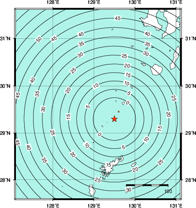 緊急地震速報第1報提供から主要動到達までの時間及び推計震度分布図