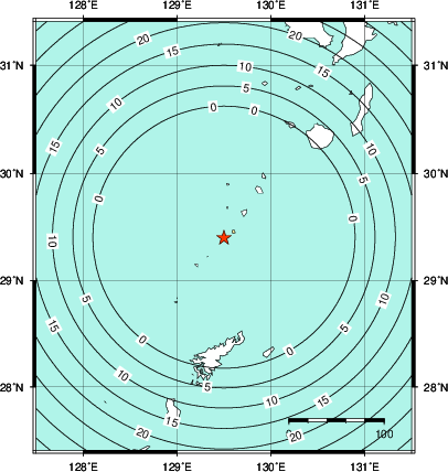 緊急地震速報第1報提供から主要動到達までの時間及び推計震度分布図