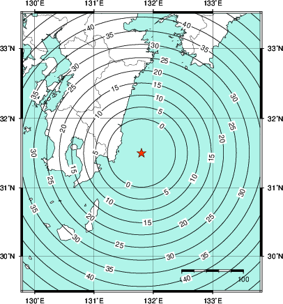 緊急地震速報第1報提供から主要動到達までの時間及び推計震度分布図