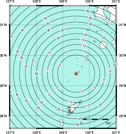 緊急地震速報第1報提供から主要動到達までの時間及び推計震度分布図