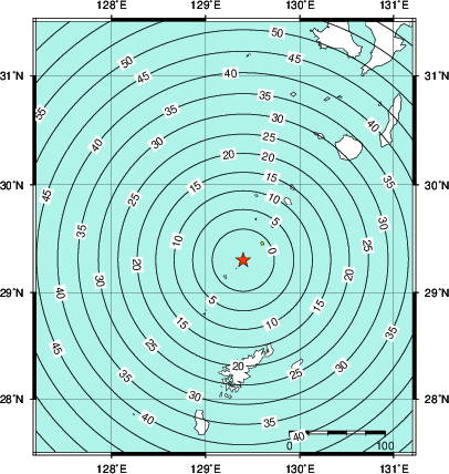 緊急地震速報第1報提供から主要動到達までの時間及び推計震度分布図