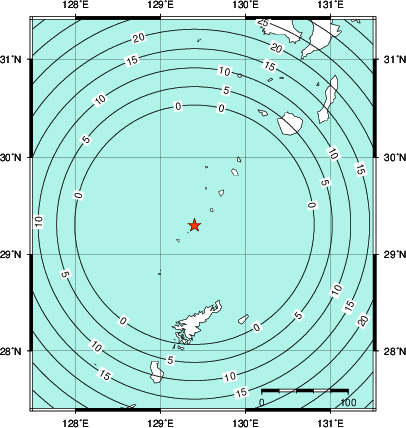 緊急地震速報第1報提供から主要動到達までの時間及び推計震度分布図