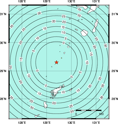 緊急地震速報第1報提供から主要動到達までの時間及び推計震度分布図