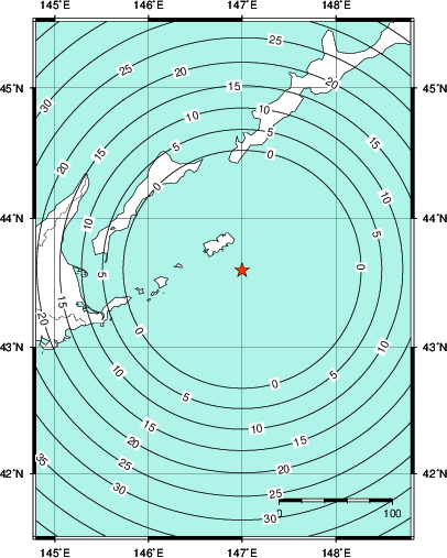 緊急地震速報第1報提供から主要動到達までの時間及び推計震度分布図