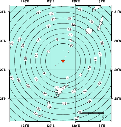 緊急地震速報第1報提供から主要動到達までの時間及び推計震度分布図