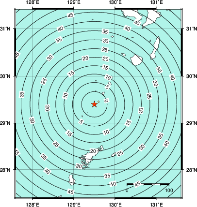 緊急地震速報第1報提供から主要動到達までの時間及び推計震度分布図