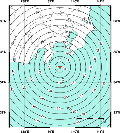 緊急地震速報第1報提供から主要動到達までの時間及び推計震度分布図