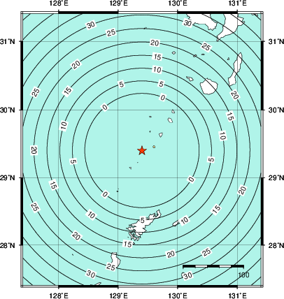 緊急地震速報第1報提供から主要動到達までの時間及び推計震度分布図
