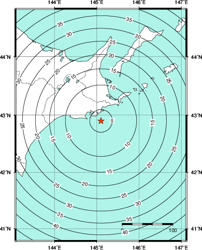 緊急地震速報第1報提供から主要動到達までの時間及び推計震度分布図
