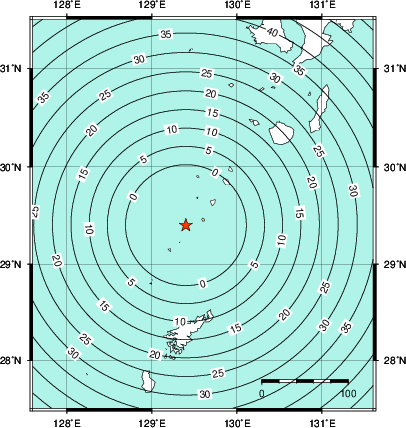 緊急地震速報第1報提供から主要動到達までの時間及び推計震度分布図