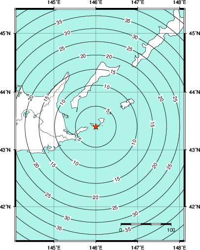 緊急地震速報第1報提供から主要動到達までの時間及び推計震度分布図