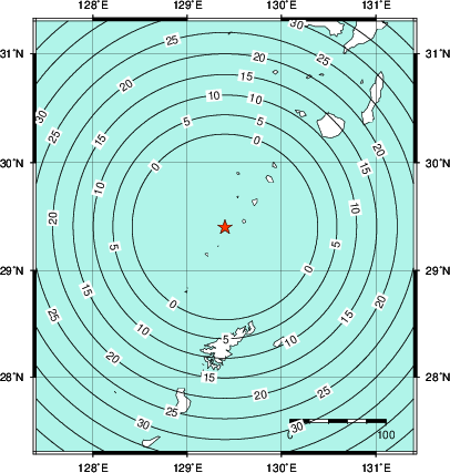 緊急地震速報第1報提供から主要動到達までの時間及び推計震度分布図