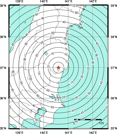 緊急地震速報第1報提供から主要動到達までの時間及び推計震度分布図