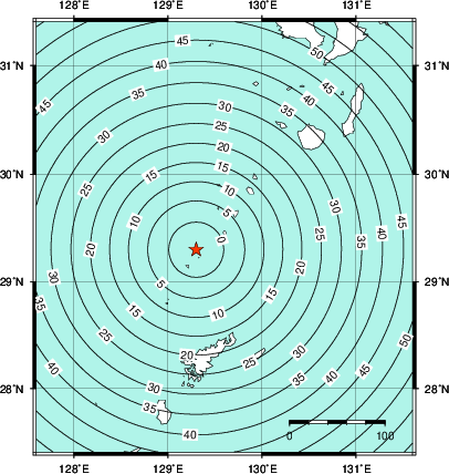緊急地震速報第1報提供から主要動到達までの時間及び推計震度分布図
