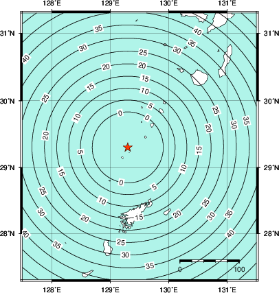 緊急地震速報第1報提供から主要動到達までの時間及び推計震度分布図