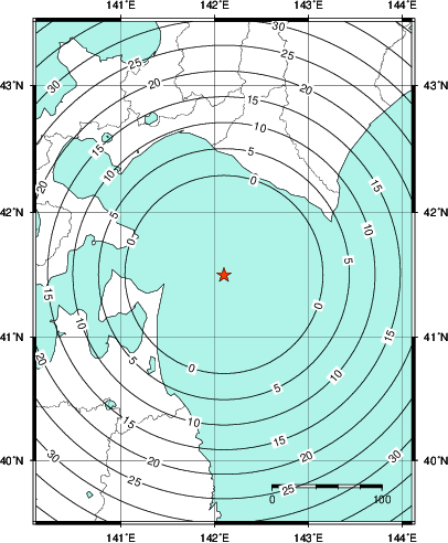 緊急地震速報第1報提供から主要動到達までの時間及び推計震度分布図