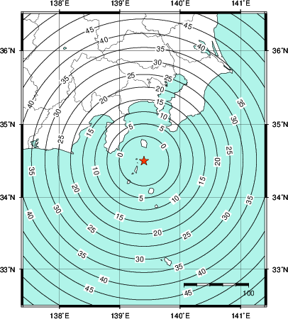 緊急地震速報第1報提供から主要動到達までの時間及び推計震度分布図
