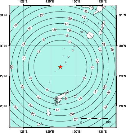 緊急地震速報第1報提供から主要動到達までの時間及び推計震度分布図