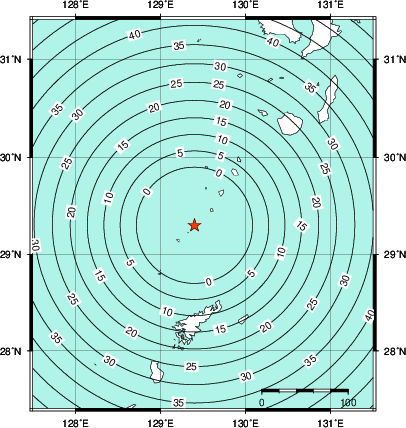 緊急地震速報第1報提供から主要動到達までの時間及び推計震度分布図