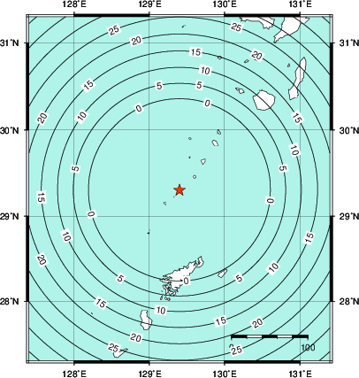 緊急地震速報第1報提供から主要動到達までの時間及び推計震度分布図