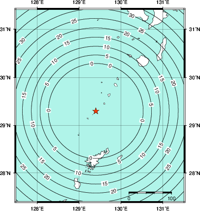 緊急地震速報第1報提供から主要動到達までの時間及び推計震度分布図