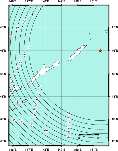 緊急地震速報第1報提供から主要動到達までの時間及び推計震度分布図