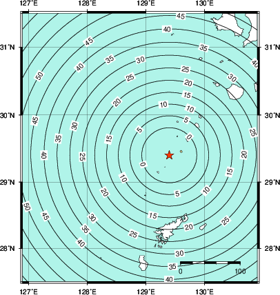 緊急地震速報第1報提供から主要動到達までの時間及び推計震度分布図