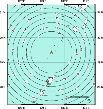 緊急地震速報第1報提供から主要動到達までの時間及び推計震度分布図