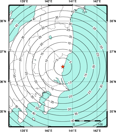 緊急地震速報第1報提供から主要動到達までの時間及び推計震度分布図