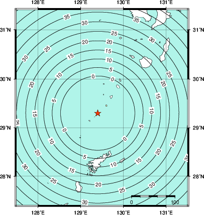 緊急地震速報第1報提供から主要動到達までの時間及び推計震度分布図