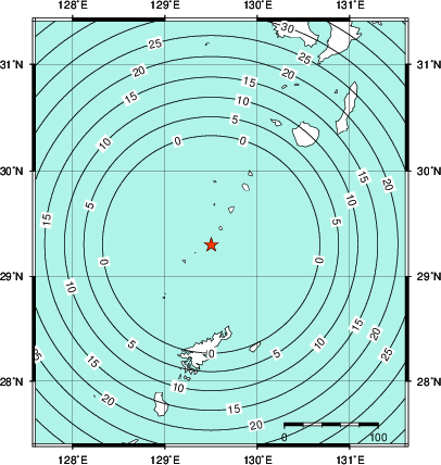 緊急地震速報第1報提供から主要動到達までの時間及び推計震度分布図