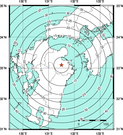 緊急地震速報第1報提供から主要動到達までの時間及び推計震度分布図