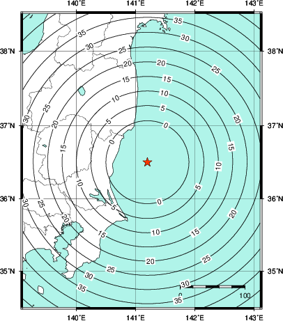 緊急地震速報第1報提供から主要動到達までの時間及び推計震度分布図
