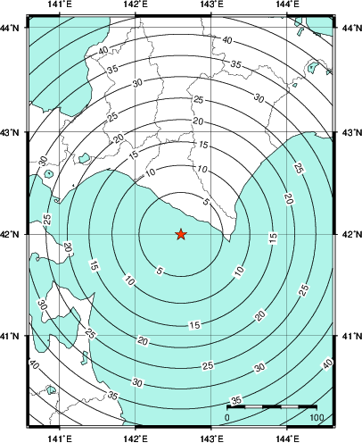 緊急地震速報第1報提供から主要動到達までの時間及び推計震度分布図