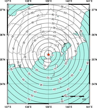 緊急地震速報第1報提供から主要動到達までの時間及び推計震度分布図