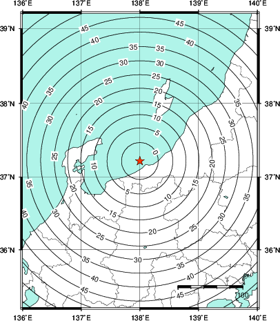緊急地震速報第1報提供から主要動到達までの時間及び推計震度分布図