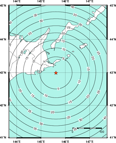 緊急地震速報第1報提供から主要動到達までの時間及び推計震度分布図