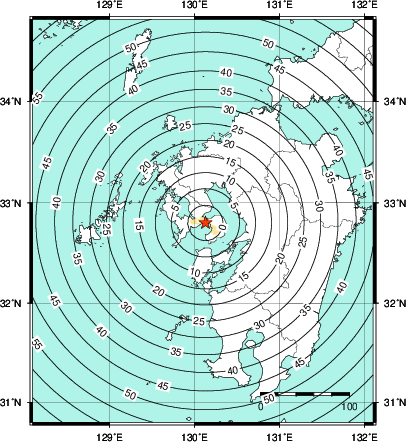 緊急地震速報第1報提供から主要動到達までの時間及び推計震度分布図