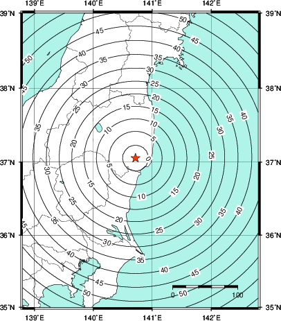 緊急地震速報第1報提供から主要動到達までの時間及び推計震度分布図