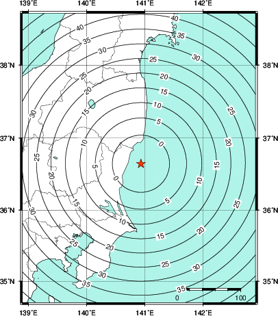 緊急地震速報第1報提供から主要動到達までの時間及び推計震度分布図