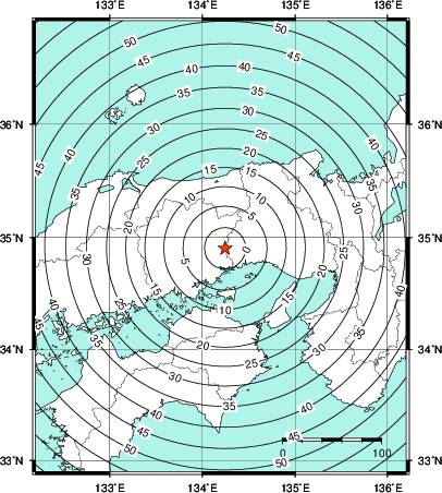 緊急地震速報第1報提供から主要動到達までの時間及び推計震度分布図