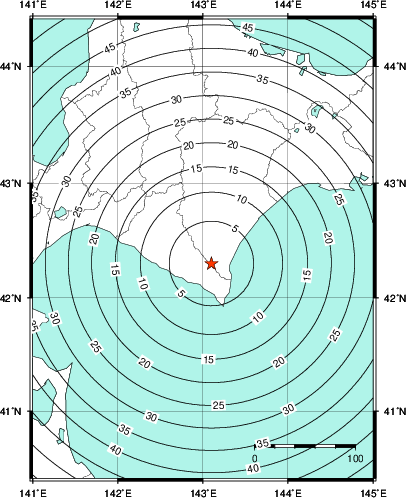 緊急地震速報第1報提供から主要動到達までの時間及び推計震度分布図